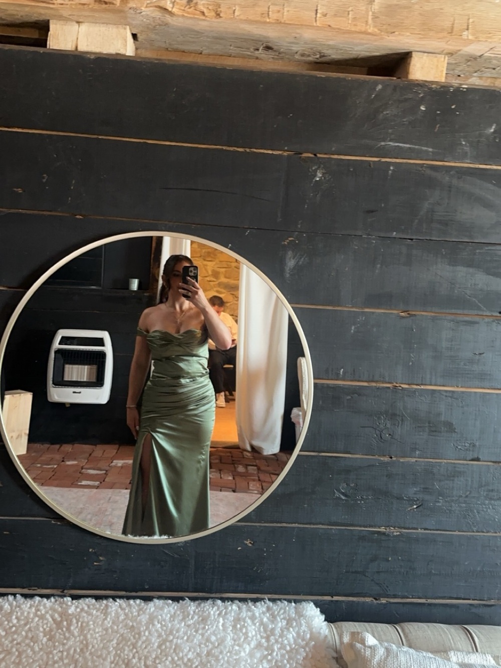 Strapless Olive Green Satin Evening Gown